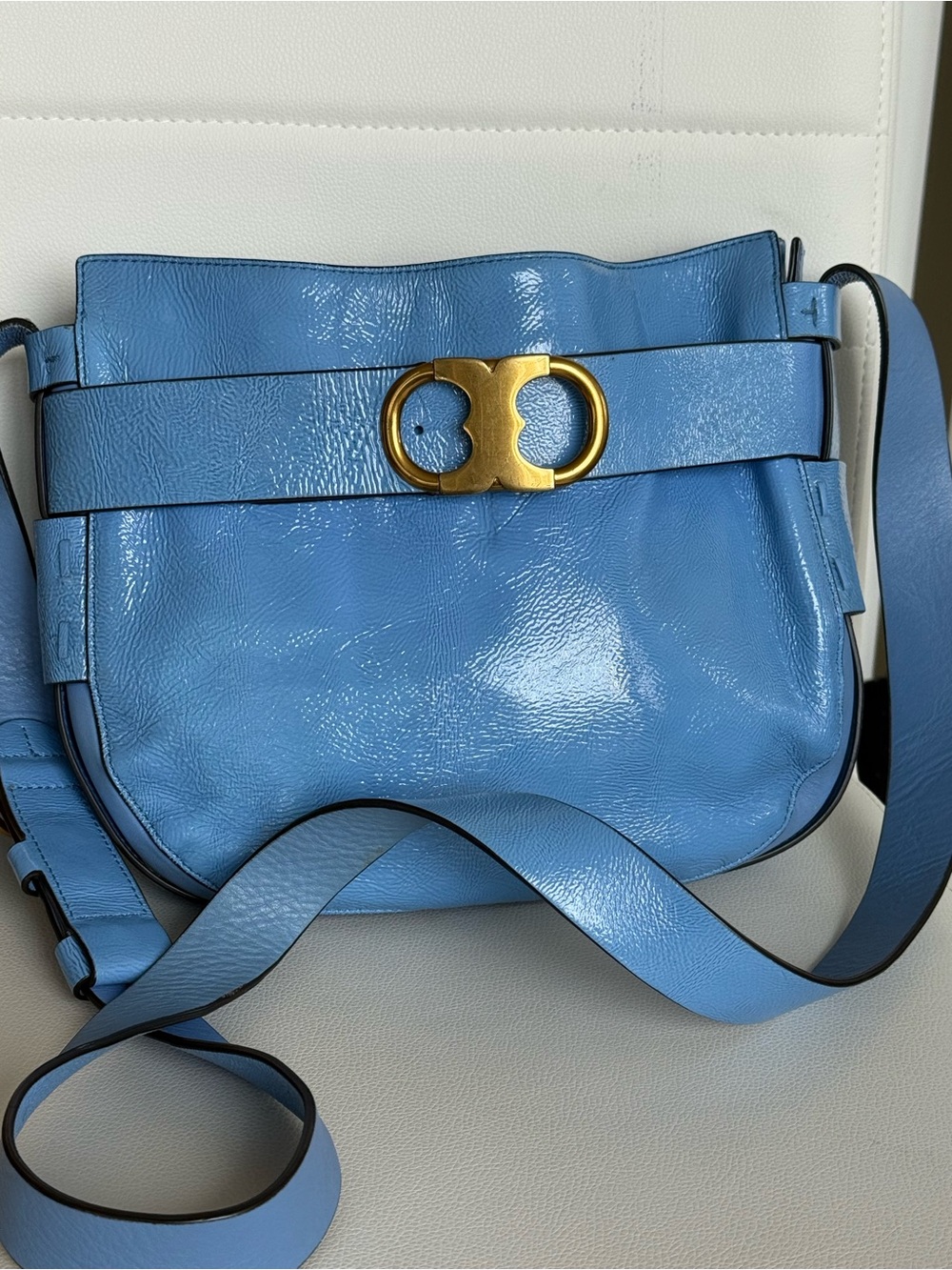 Tory Burch Freshwater Blue Leather Crossbody with Gold Gemini Link